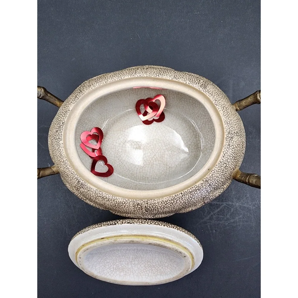 Castilian Porcelain Lidded Jar Sculpture Twisted Vine Design Brass Handle 10
